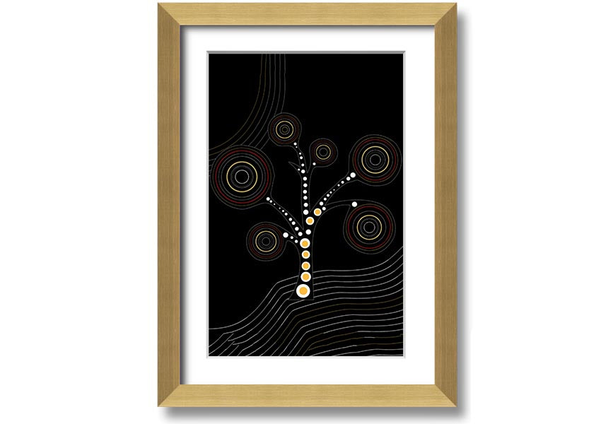 Framed Aboriginal Tree 2 print showcasing vibrant colors and intricate patterns, ready to hang.